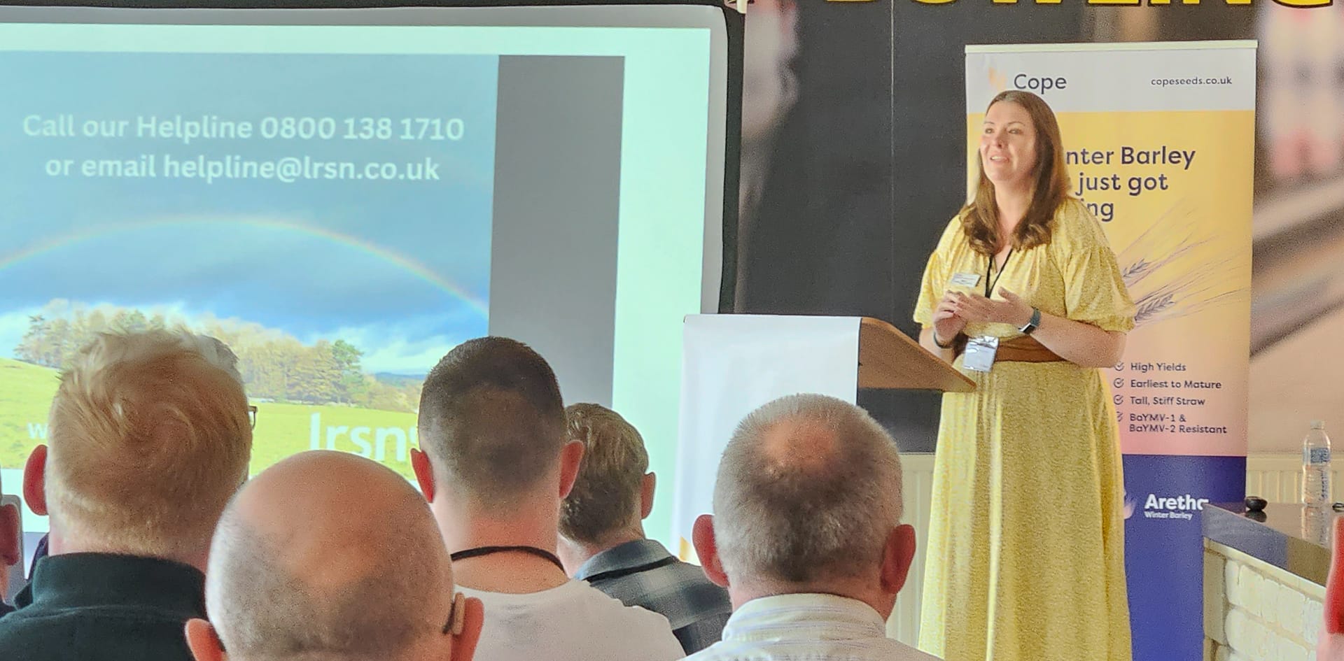 Sarah giving a talk at a corporate event