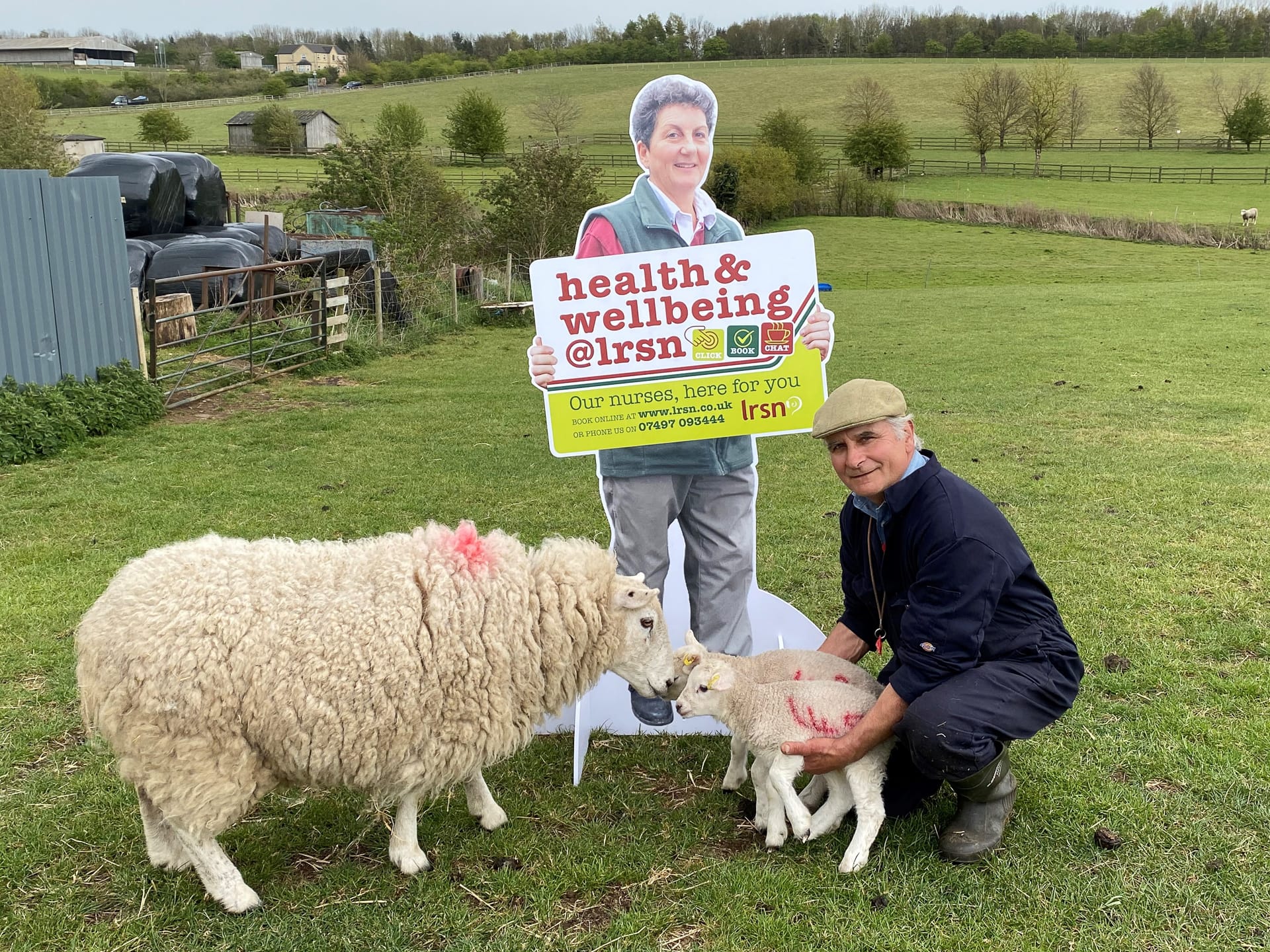 A sheep and it's lambs with a farmer supporting the lambs