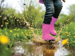 A little girl jumping in a muddy puddle with pink wellies on